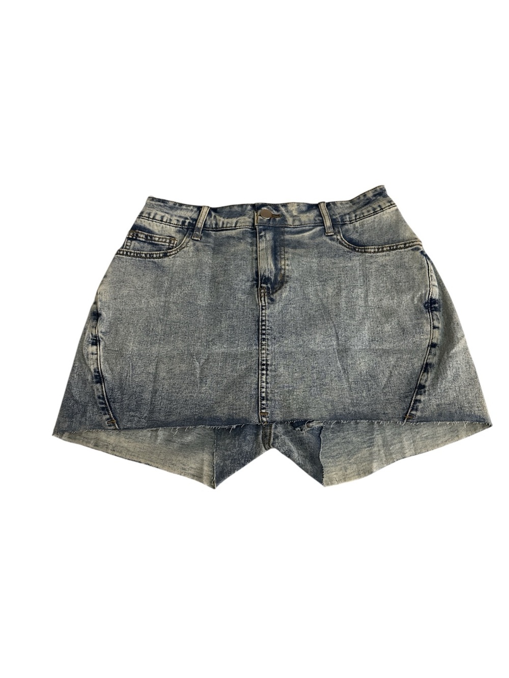 High-Rise Washed Denim Skort with Raw Hem